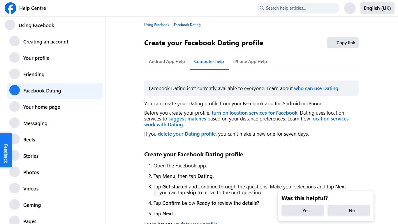 Create your Facebook Dating profile | Facebook Help Centre